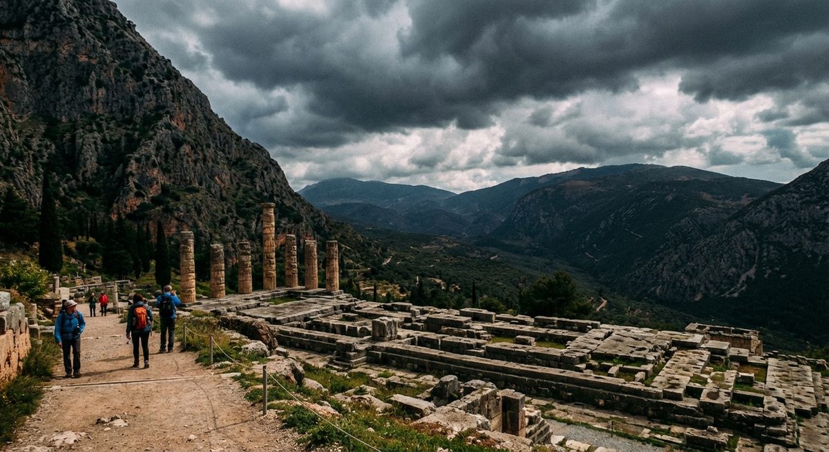 Ruinen des Apollo-Tempels in Delphi mit Bergkulisse