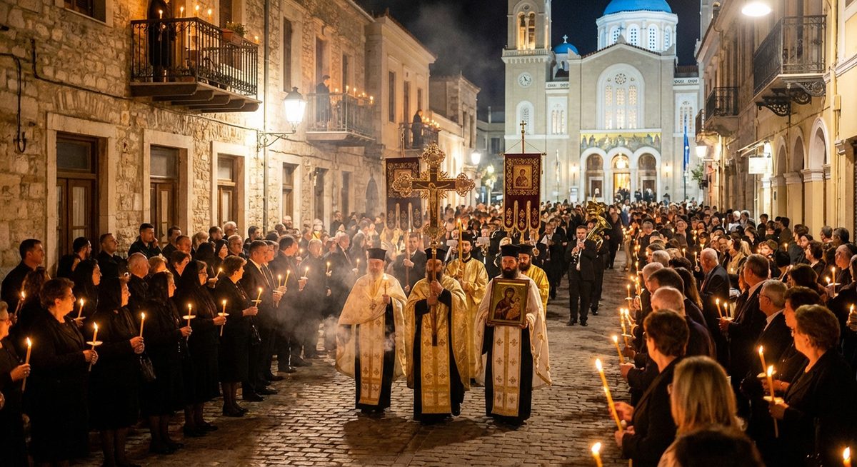 Griechische orthodoxe Oster-Prozession bei Kerzenlicht