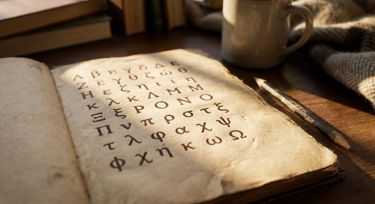 Notizbuch mit handgeschriebenen griechischen Buchstaben