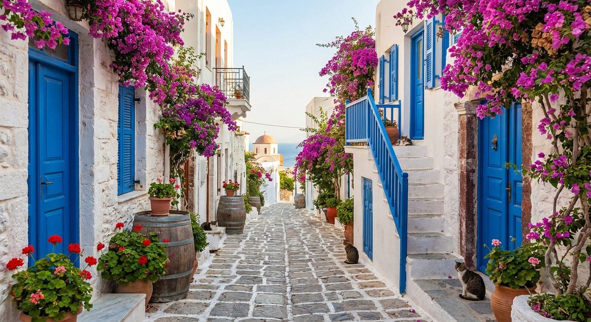 Traditionelles griechisches Dorf mit weissen Häusern und Bougainvillea