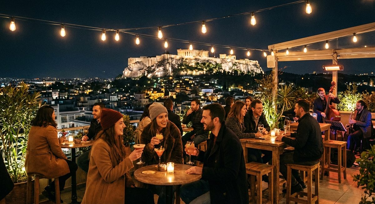 Rooftop-Bar in Athen mit beleuchteter Akropolis im Hintergrund